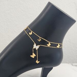 Gold Plated Double Layer Butterfly Charm Anklet